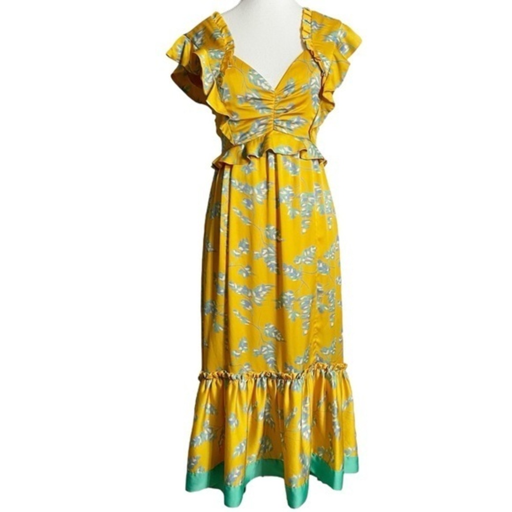 Three Floor Lemonana Dress Yellow Aqua Print
Ruffle Flutter Sleeve Midi